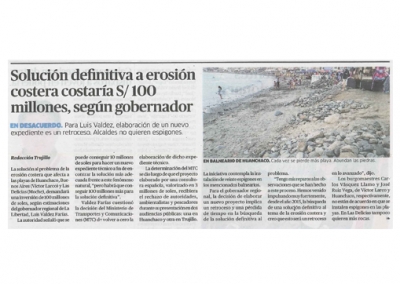 Solución definitiva a erosión costera costaría S/ 100 millones, según gobernador (Fuente: La República)