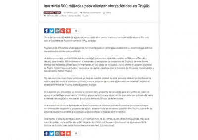 Invertirán 500 millones para eliminar olores fétidos en Trujillo (Fuente: Trujillo Informa)