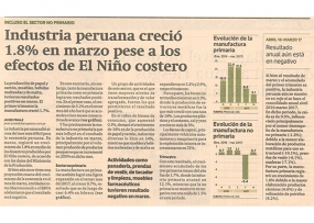 Industria peruana creció 1.8 % en marzo pese a los efectos de El Niño costero (Fuente: Gestión)