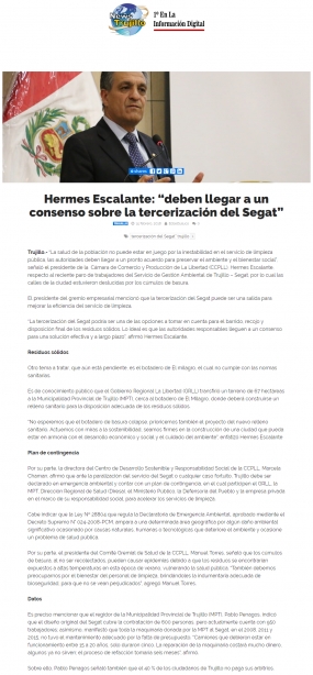 Hermes Escalante: &quot;deben llegar a un consenso sobre la tercerización del Segat&quot;. (Fuente: News Trujillo)