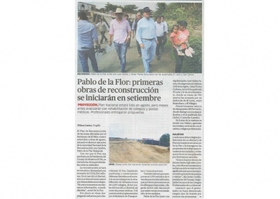 Pablo de la Flor: primeras obras de reconstrucción se iniciarán en setiembre (Fuente: La República)